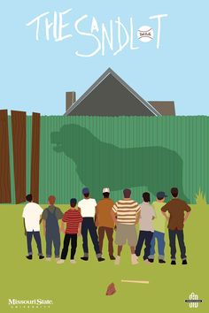 a group of people standing in front of a green fence with the words, the sandlot on it