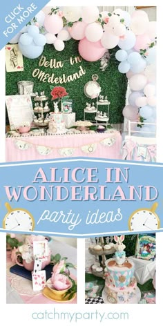 alice in wonderland party with balloons and decorations