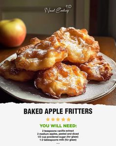 an advertisement for baked apple fritters on a plate