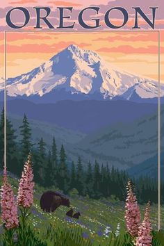 the yellowstone national park poster with mountains and wildflowers in the foreground is shown