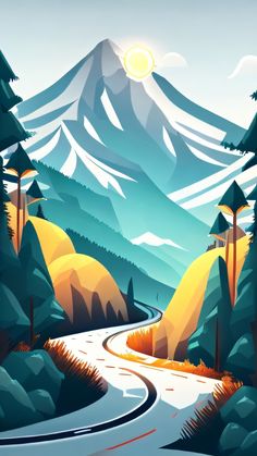 an illustration of a road going through the mountains