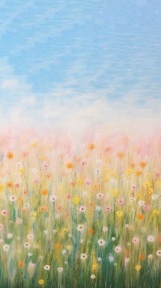 an oil painting of a field full of wildflowers with blue sky in the background