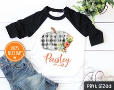 "Our Award-Winning PintSized© threads are 100% designed, printed, pressed and shipped (next business day!) to you from our Upstate New York boutique. ** Quick Sizing Tip ** Onesies are printed on Gerber brand. The NATURAL color runs true to size, but WHITE tends to run small so we recommend sizing up if you are on the fence. Toddler and youth shirts are true to size. 📋 HOW TO ORDER: ✧ Choose onesie® or shirt size (sizing chart below) and sleeve length ✧ Select design color if applicable ✧ For p White Custom Print Shirt For Fall, Pumpkin Onesie, White Onesie, Toddler Fall, White Long Sleeve Shirt, Pumpkin Shirt, Fall Baby, Color Run, The Fence