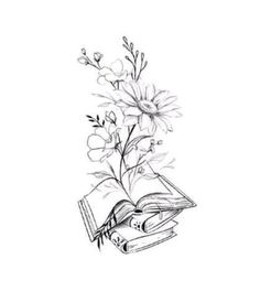 a drawing of a book with flowers in it