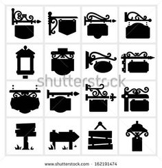 black and white silhouettes of different types of street lamps, signs and other things