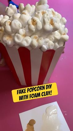 fake popcorn diy with foam clay is on the table next to a sign that says fake popcorn diy with foam clay