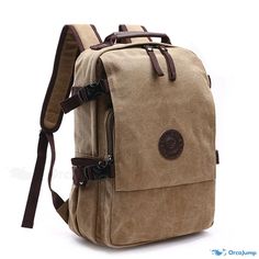 OrcaJump - Classic Vintage Canvas Backpack - Durable Polyester Exterior - Deep Blue and Khaki Color Combination Casual Brown Portable Backpack, Casual Brown Backpack, Casual Portable Backpack For Outdoors, Casual Outdoor Backpack Portable, Casual Outdoor Portable Backpack, Brown Portable Backpack For Outdoor, Casual Beige Backpack For Outdoor Activities, Casual Brown Travel Bag For Outdoor Activities, Casual Beige Travel Bag For School