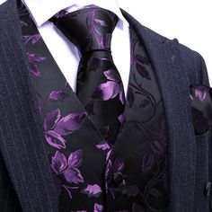 Barry Wang Men's Purple Black Floral Silk Tie Waistcoat Vest Hanky Cufflinks Set Champagne Shirt, Business Vest, Burgundy Vest, Wedding Vest, Steampunk Furniture, Tie Vest, Tuxedo Coat, Purple Bow Tie, Orange Suit