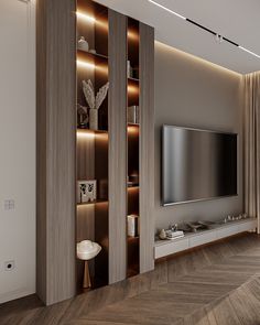 a modern living room with wood flooring and built - in entertainment center on the wall