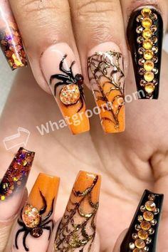 Get ready to spookify your nails with Halloween Nail Art! 🎃💅 Transform your fingertips into cute pumpkins, spooky ghosts, and eerie spiders. Mix bold colors like orange and black, and add fun stickers or decals for an extra festive touch. Show off your boo-tiful nails all October long! #HalloweenNails #SpookyMani #NailArtFun Bling Halloween Nails, Jewel Nails, Nail Art Designs 2023, Halloween Nail Art Ideas, Holloween Makeup, Spooky Nails, Halloween Acrylic