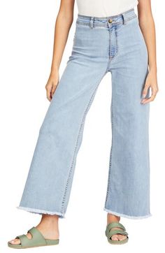 High-rise trouser jeans are ready for a stroll by the beach in light-wash, low-stretch denim with frayed hems and an easygoing wide-leg silhouette. Zip fly with button closure Back patch pockets 98% cotton, 2% elastane Machine wash, tumble dry Imported Women's Clothing High Waist Medium Wash Flare Jeans With Frayed Hem, Light Wash Cotton Cutoff Cropped Jeans, High-rise Denim Blue Flare Jeans With Frayed Hem, High Rise Denim Blue Flare Jeans With Frayed Hem, Summer Flare Jeans With Frayed Hem, Fall Cotton Cropped Jeans With Frayed Hem, Chic Faded Flare Jeans For Spring, Trendy Faded Flare Jeans With Frayed Hem, High Rise Relaxed Fit Jeans With Frayed Hem