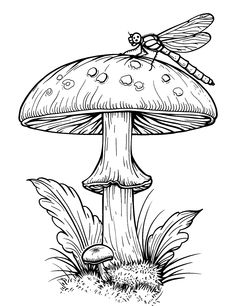 a black and white drawing of a mushroom with a dragonfly on it's top