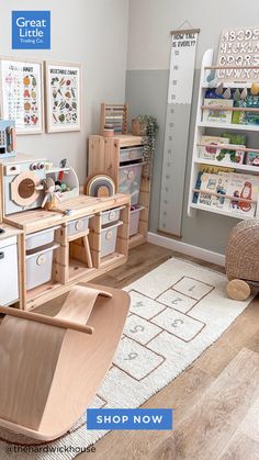 a child's playroom with wooden furniture and toys