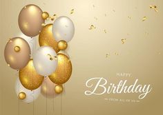 a birthday card with balloons and confetti in gold, white and silver colors