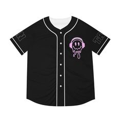 a black baseball jersey with headphones on it and the word gang written in pink