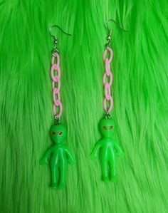 Pink Novelty Dangle Jewelry, Pink Fun Dangle Jewelry, Cute Green Jewelry For Party, Fun Pink Dangle Jewelry, Kawaii Dangle Earrings For Birthday, Quirky Dangle Earrings For Party, Kawaii Hypoallergenic Jewelry For Birthday, Themed Earrings For Pierced Ears As Gift, Themed Pierced Earrings As A Gift