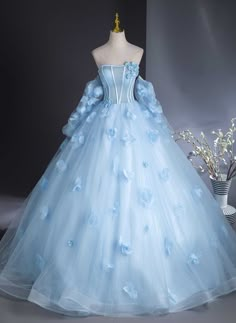 Big Puffy Dresses Ball Gowns Blue, Light Blue Princess Dress With Ruffles, Blue Floral Princess Dress, Blue Fairytale Princess Dress For Dress-up, Princess Style Light Blue Tulle Ball Gown, Formal Dress Blue, Prom Dress Short Lace, Champagne Prom Dress, Grey Prom Dress