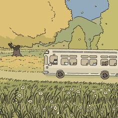 an image of a bus with animals in the front driving through grass and trees behind it