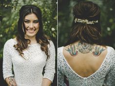 two pictures of a woman with tattoos on her back and the other side of her neck