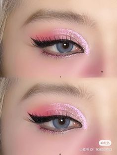 Pink Oc Art, Pink Fairy Makeup Looks, Pastel Pink Eyeshadow, Pink Fairy Makeup, Pink And White Makeup, Glitter Eyeshadow Looks, Bold Lipstick Makeup, Pink Eye Makeup