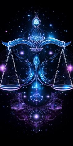 the scales of justice in blue and purple with stars around it on a black background