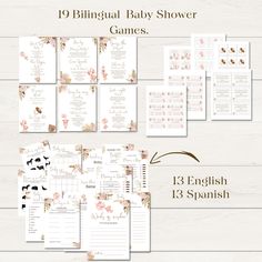 the printable baby shower game is shown with flowers and animals on it's side