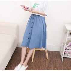 Denim Jeans A-Line Skirt – Tomscloth Casual Non-stretch Skirt With Button Closure, Casual Skirt With Buttons, Goth Aesthetic Fashion, Sky Blu, Pastel Goth Aesthetic, Trendy Bottoms, Grunge Coquette, Skirts Long, Skirts Jeans