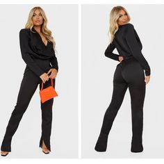 Have All Eyes On You In This Unreal Jumpsuit Doll. Featuring A Black Satin Material With A Cowl Neckline, Long Sleeves And Split Hems, What's Not To Love? Style With A Bright Bag And Barely-There Heels For A Seriously Chic Finish. Length Approx 152cm/60" (Based On A Sample Size Uk 8) Model Wears Size Uk 8/ Eu 36/ Aus 8/ Us 4 Model Height - 5ft 5" Fitted Long Sleeve Pantsuit For Night Out, Elegant V-neck Sets For Night Out, High Waist Bodysuit For Work, Solid Long Sleeve Pantsuit For Party, Elegant High-waist Sets For Fall, Stretch Long Sleeve Pantsuit For Party, Chic Party Set With High Waist, Chic Party Sets With High Waist, Elegant Solid Color Sets For Night Out