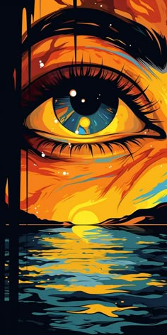 an eye is shown in the middle of a painting with orange and blue colors on it