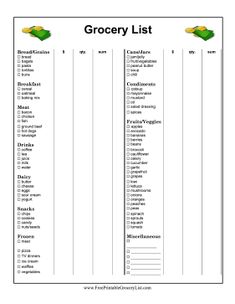 the grocery list is shown in this printable version, which includes grocery items and vegetables