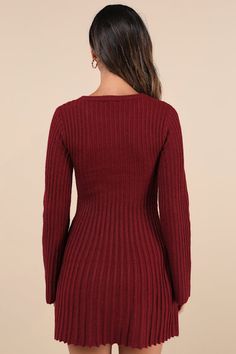 Winter style just got a little more chic with the arrival of the Lulus Convincing Poise Burgundy Ribbed Long Sleeve Skater Mini Dress! Midweight ribbed knit shapes this sweet little dress that has long, slightly flaring sleeves and a crew neckline. Figure-hugging silhouette continues down to a flattering waist and ends at a skater-style mini skirt. Fit: This garment fits true to size. Length: Mid-thigh. Size medium measures 32.75" from shoulder to hem. Bust: Great for any cup size. Waist: Fitted Ribbed V-neck Sweater Dress For Date Night, Chic Ribbed Bodycon Dress For Fall, Ribbed Knit Cropped Sweater, Ribbed Bodycon Dress For Fall, Chic Ribbed Bodycon Sweater Dress, Chic Fitted Sweater With Ribbed Neckline, Chic Fitted Textured Knit Sweater Dress, Ribbed Knit Sweater Dress For Date Night, Fall Ribbed Solid Bodycon Dress