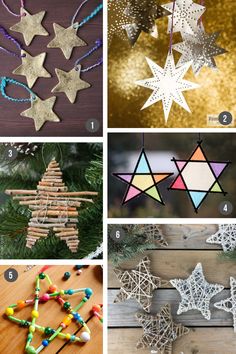 christmas ornaments made out of popsicle sticks and plastic beads are featured in this collage