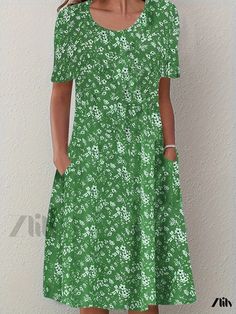 Zlily - Womens Plus Size Casual Dress: Ditsy Floral Print Short Sleeve Round Neck Dress With Pockets Casual Green V-neck Floral Dress, Casual Green Floral Dress With V-neck, Casual A-line Floral Dress With Ditsy Print, Casual Green A-line Floral Dress, Green Ditsy Floral Print Short Sleeve Dress, Green Short Sleeve Ditsy Floral Dress, Green Short Sleeve Dress With Ditsy Floral Print, Casual Green Midi Dress With Ditsy Floral Print, Casual Green Midi Dress With Floral Print