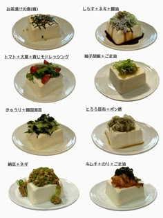 there are many different types of desserts on the plates in this picture, each with different toppings