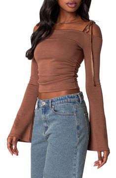 This close-fitting top is designed in a cropped, shoulder-baring silhouette with velvety tie straps. Off-the-shoulder neck Cold-shoulder long sleeves 45% polyester, 45% rayon, 10% spandex Machine wash, dry flat Imported Fitted Long Sleeve Off-shoulder Top For Fall, Fall Long Sleeve Fitted Off-shoulder Top, Fitted Off-shoulder Top For Fall, Fall Off-shoulder Stretch Crop Top, Stretch Cropped Off-shoulder Top For Fall, Cropped Stretch Off-shoulder Top For Fall, Fitted Cold Shoulder Off-shoulder Top For Fall, Fitted Cold Shoulder Top For Fall, Cropped Off-shoulder Top For Fall