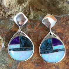 David Rosales Shalako Inlaid Sterling Silver Earrings Southwestern Style Purple Jewelry For Gift, Purple Southwestern Jewelry For Gift, Purple Southwestern Jewelry For Gifts, Purple Southwestern Style Jewelry For Gift, Purple Teardrop Multi-stone Jewelry, Purple Multi-stone Sterling Silver Earrings, Purple Multi-stone Teardrop Earrings, Unique Blue Inlay Earrings, Unique Blue Earrings With Inlay