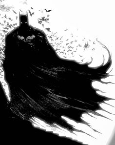 a black and white drawing of a man in a batman costume with bats flying around him