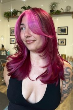 This color combination is everywhere! Pink and Red is going to be the next break through combo this fall. We're obsessing over this stunning look from @ryennesnow.hair Magenta Hair With Money Piece, Cherry Red And Pink Hair, Alt Colored Hair, Red Hair With Pink Money Piece, Dark Red And Pink Hair, Valentines Day Hair Color, Deep Pink Hair, Cherry Pink Hair, Dark Cherry Red Hair