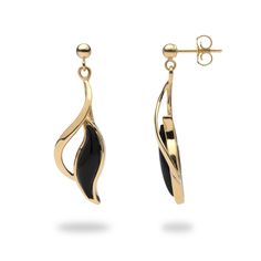 A pair of 14K yellow-gold dangle pierced earrings Two Hawaiian Black Coral raised "S"-shaped stones, 15x5x2mm Approximately L: 1 1/4" W: 3/8" To our valued International Customers, due to an international agreement between our governments regarding the Black Coral, please contact us before purchasing. Black Enamel Earrings For Gift, Fine Jewelry, Yellow Gold Drop Earrings With Black Enamel, Elegant Black Enamel Earrings For Gift, Black Polished Finish Fine Jewelry Earrings, Black Hallmarked Drop Earrings, Black 14k Gold Earrings With Polished Finish, 14k Gold Black Earrings With Polished Finish, Formal 14k Gold Earrings With Black Enamel, Elegant Black Enamel Earrings For Anniversary