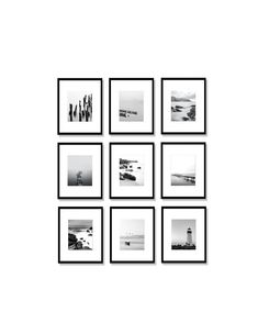 six black and white photographs hanging on a wall