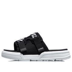 (WMNS) Li-Ning Fashion Slides 'Black White' AGAR014-1 Casual Black Sandals For Leisure, Black Slides For Leisure In Spring, Black Sandals For Summer Streetwear, Black Sandals For Spring Leisure, Black Slides For Streetwear In Spring, Black Slides For Spring Streetwear, Casual Black Sandals For Streetwear, Fashion Slides, Slide Sandals