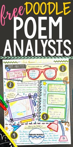 This FREE poetry lesson is designed to help students analyze any poem.
The analysis tasks are provided in a one-pager format. That means that students will demonstrate their analysis on a single page.
The one-pager has a doodle style and includes a doodle task to promote engagement and interest. 
The analysis tasks are easily adaptable to small group or partner work.
Each analysis task is completed after a reading of the poem. Text Analysis Activities, Fun Poetry Activities For Middle School, Middle School Poetry Activities, Poetry Projects For Elementary, 4th Grade Poetry, Poetry Activities Middle, Poetry Activities Elementary, Poetry Unit Middle School, Poetry Bulletin Board