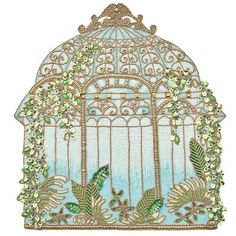 a birdcage with green leaves and flowers on the outside, in front of a white background