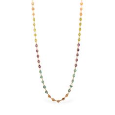 This necklace was made for those who love bright pops of color, with an array of gemstones in bold hues such as lime green and violet. Each stone has been woven by hand with 18k yellow gold chain to complete this striking design. Technical Details Metal: 18k yellow goldGemstones: Amethyst, Apatite, Peridot, SunstoneLength: multiple sizes (16-18", 24", 34")Handmade in New YorkStyle # NT-3079-AM-AP-PE-SS Luxury Multicolor Briolette Necklaces, Luxury Multicolor Briolette Necklace, Luxury Multicolor Briolette Jewelry, Luxury Multicolor Multi-stone Necklaces, Luxury Multicolor Necklaces With Gemstone Accents, Luxury Multicolor Necklace With Gemstone Accents, Luxury Multicolor Gemstone Necklaces, Multicolor Multi-stone Oval Necklaces, Multicolor Multi-stone Oval Necklace