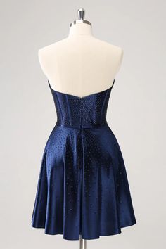 Amzcw Cute Navy A Line Strapless Hollow Out Corset Beaded Homecoming Dress with Bow Navy Blue Hoco Dress, Winter Dance Dresses, Blue Hoco Dress, Hoco Court, Navy Homecoming Dress, White Jumpsuit Wedding, Strapless Homecoming Dresses, Beaded Corset, Wedding Pants