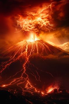 an image of a volcano with lightning in the sky