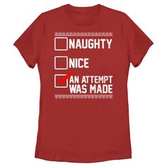 If you're looking for the jolliest new trends this Christmas, you're in the right place! Show off your unique fashion style with this Lost Gods Christmas Attempt List Women's Graphic T-Shirt! This holiday-themed tee reads: "Naughty Nice An Attempt Was Made" with a checkmark next to the final item on the list. There’s no end to the awesomeness you’ll find when you shop apparel by Lost Gods Collective. Come on, you know you want to come get lost with us! Winter Slogan T-shirt, Red Holiday Crew Neck T-shirt, Holiday Red Crew Neck T-shirt, Red Crew Neck Holiday T-shirt, Red Crew Neck T-shirt For Holidays, Red Holiday Graphic Tee Tops, Holiday Red Graphic Tee Tops, Holiday Red Graphic Tee, Red Holiday Graphic Tee