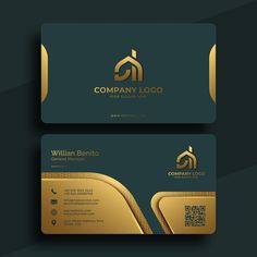 two business cards with gold foil on the front and back, one is dark green