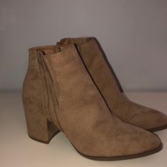 Taupe Booties 2.5-3 In. Pointed Toe Casual Beige Booties With Stacked Heel, Casual Beige Booties With Block Heel, Casual Brown Booties For Spring, Casual Brown High Heel Booties, Casual Brown Booties With Block Heel, Casual Brown Booties With Stacked Heel, Ankle Booties Taupe Amazon, Brown Pointed Toe Booties Medium Width, Taupe Ankle Boots Medium Width