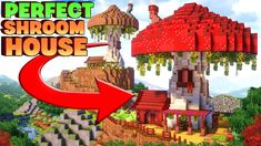 the perfect shroom house in minecraft with an arrow pointing to it's right side